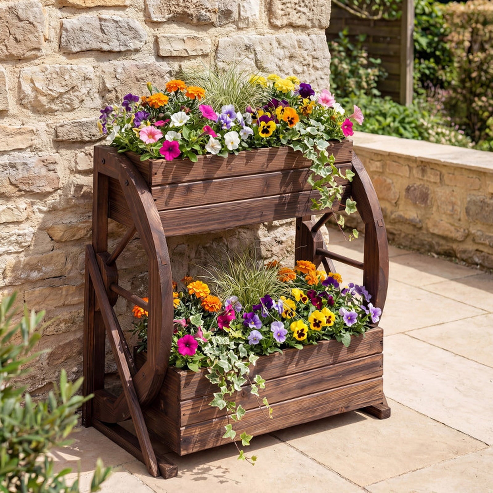 Biotree 2-tier Raised Garden Bed Rustic Wood Wagon Planter with Drainage Holes and Semi-wheels-Coffee Brown