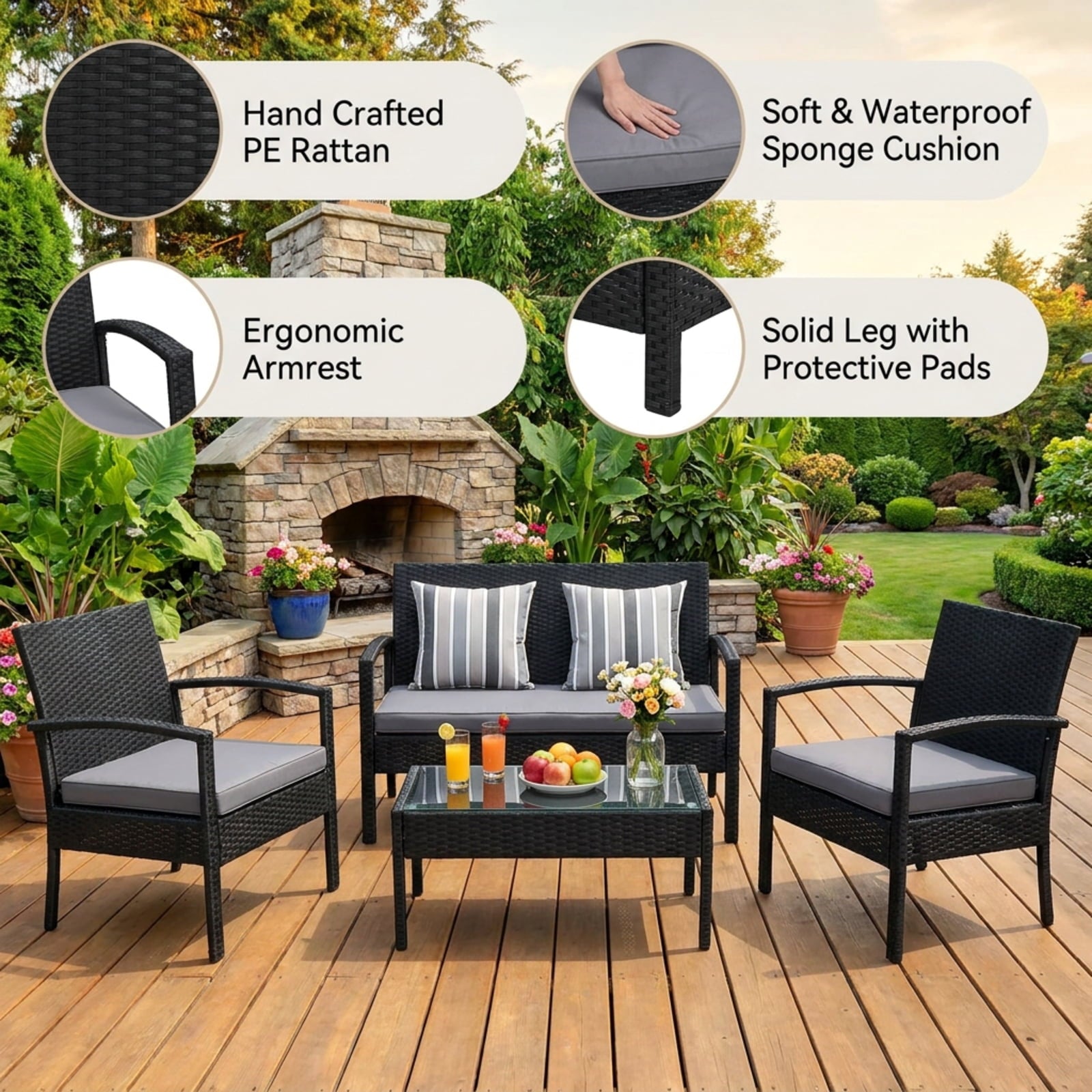 Biotree 4 Pieces Patio Rattan Cushioned Furniture Set Outdoor Conversation Set for Garden Backyard PorchGray