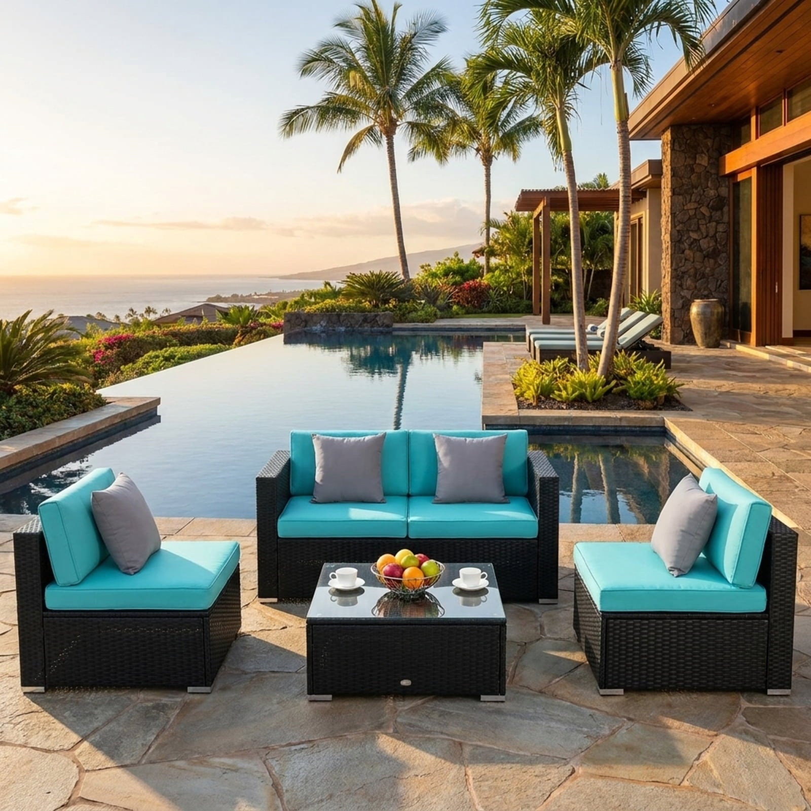 Biotree 4 Pieces Rattan Patio Furniture Set with Weather Resistant Cushions and Tempered Glass TabletopTurquoise