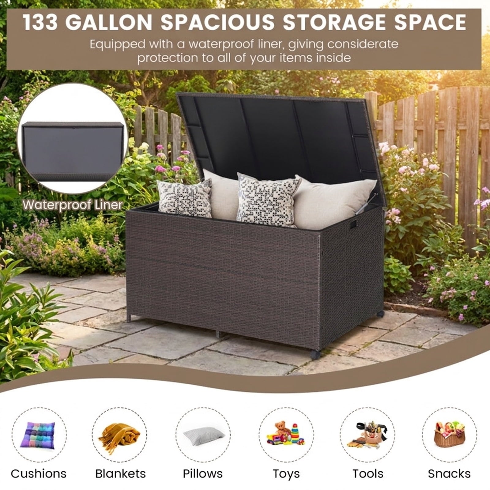 Biotree Outdoor Wicker Storage Box with Zippered Liner-133 Gallon Outdoor Waterproof for Patio Deck Garden Cushions, Brown