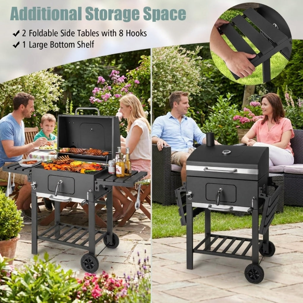 Biotree Outdoor BBQ Charcoal Grill with Folding Side Tables, Portable Charcoal BBQ Smoker on Wheels, Charcoal Grill Cooker with Thermometer for Backyard Patio Camping Black
