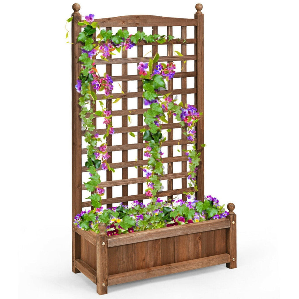 Biotree Solid Free Standing Wood Planter Box with Trellis for Garden Dark brown - Outdoor Backyard Patio Garden Planting