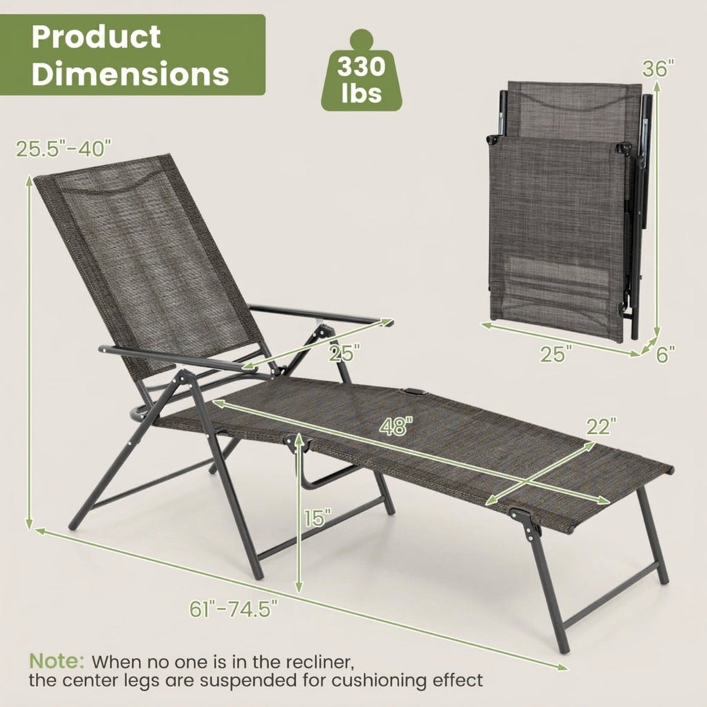 Biotree 2 Piece Patio Folding Chaise Lounge Chairs Recliner with 6-Level Backrest Stackable Patio Chair for Garden BackyardCoffee