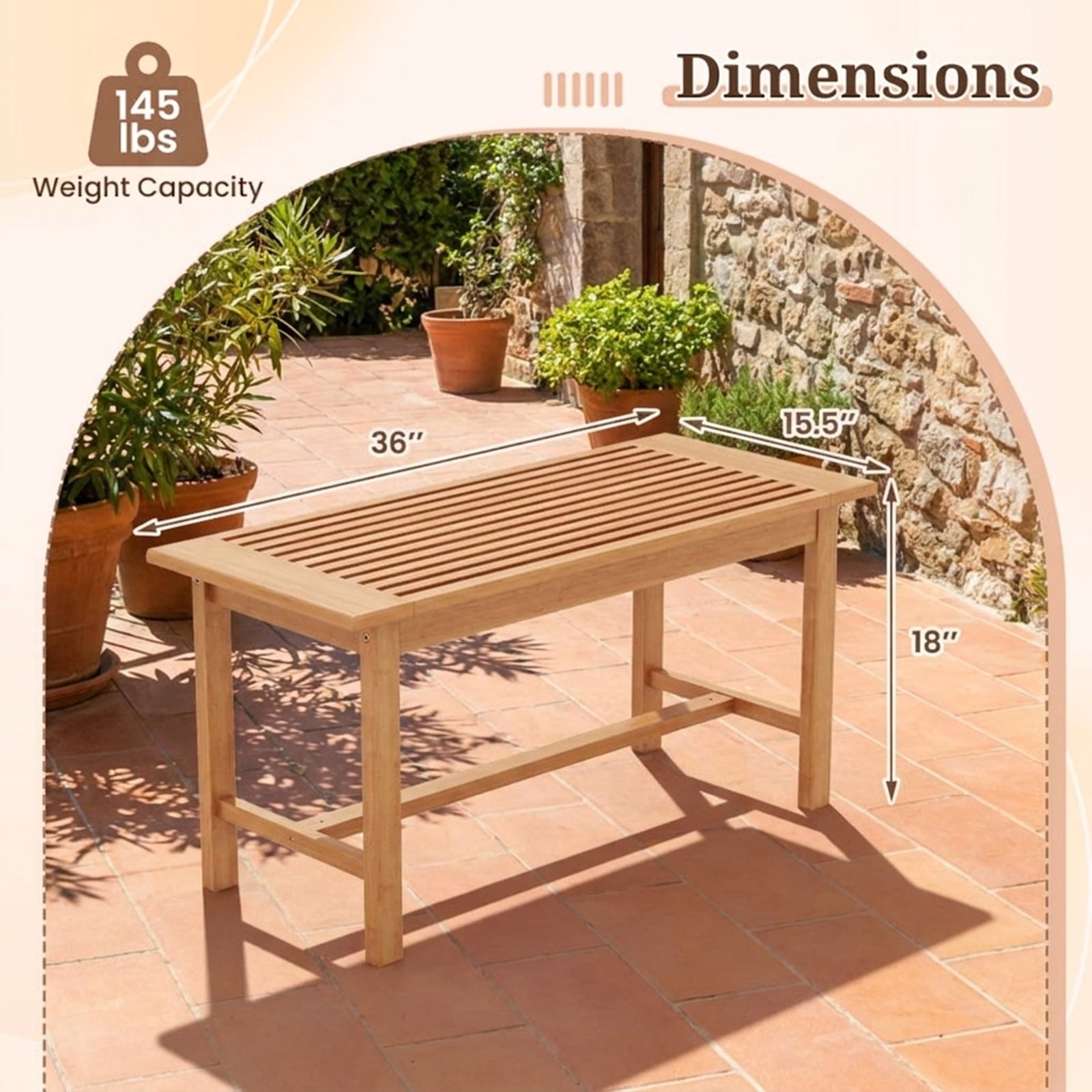 Biotree Patio Coffee Table 36 Inch Rectangular Outside Side Table with Slatted Tabletop, Natural