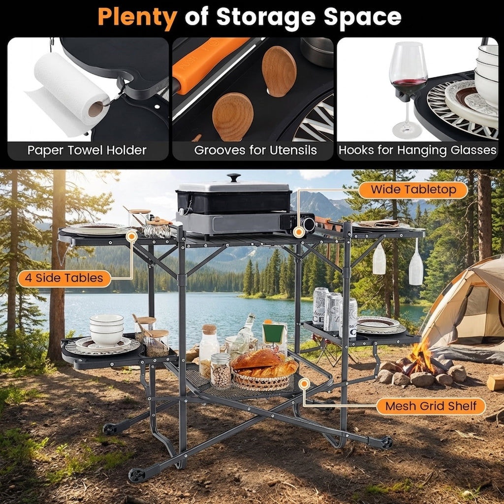 Biotree Folding Portable Outdoor Cook Station with Heat-Resistant Aluminum Tabletop Camp Kitchen Table with Storage, Black