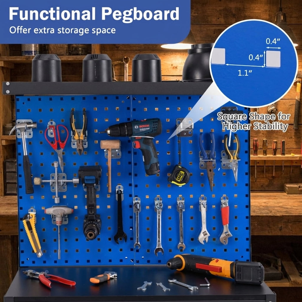 Biotree 32 x 16 Inch Workbench with Pegboard 2 Drawers and Shelves 220 lbs - Navy