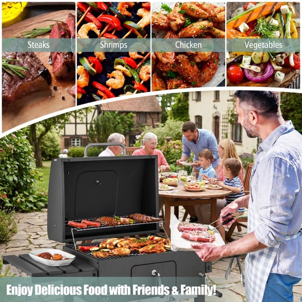Biotree Outdoor BBQ Charcoal Grill with Folding Side Tables, Portable Charcoal BBQ Smoker on Wheels, Charcoal Grill Cooker with Thermometer for Backyard Patio Camping Black