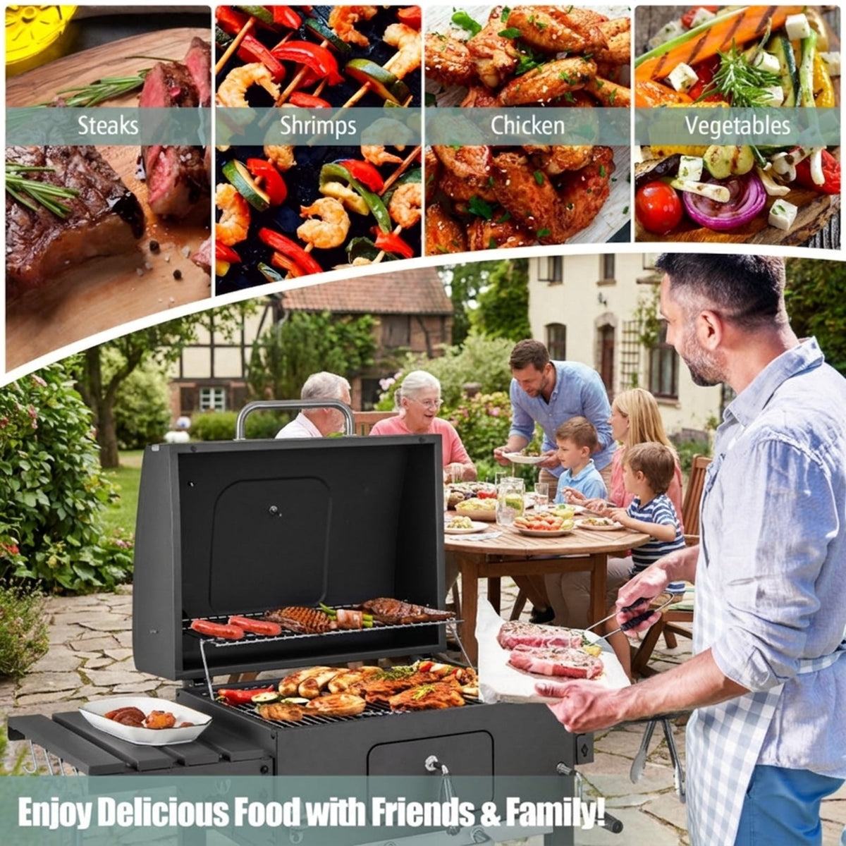 Biotree Outdoor BBQ Charcoal Grill with Folding Side Tables, Portable Charcoal BBQ Smoker on Wheels, Charcoal Grill Cooker with Thermometer for Backyard Patio Camping Black