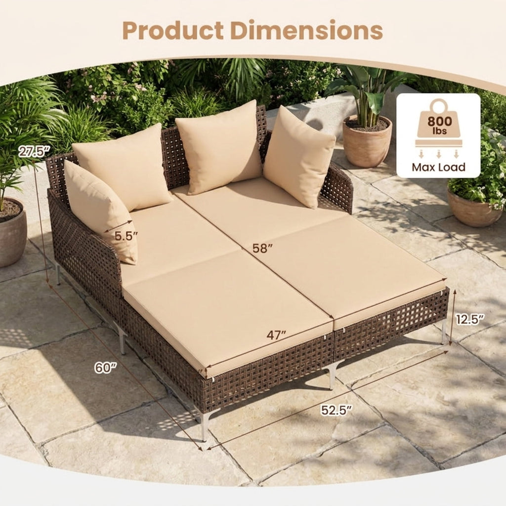 Biotree Outdoor Rattan Double Daybed Wicker Chaise Lounge Stackable Patio Chair for Garden BackyardBrown