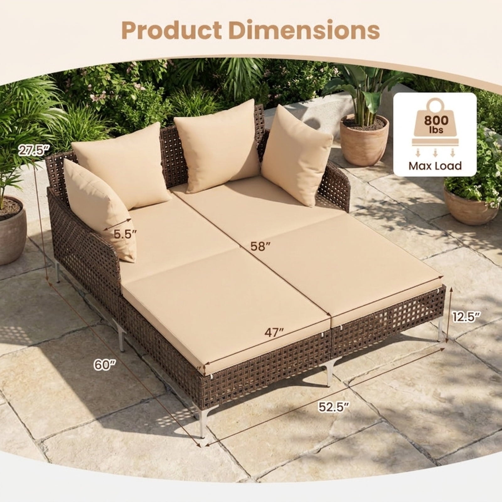 Biotree Outdoor Rattan Double Daybed Wicker Chaise Lounge Stackable Patio Chair for Garden BackyardBrown