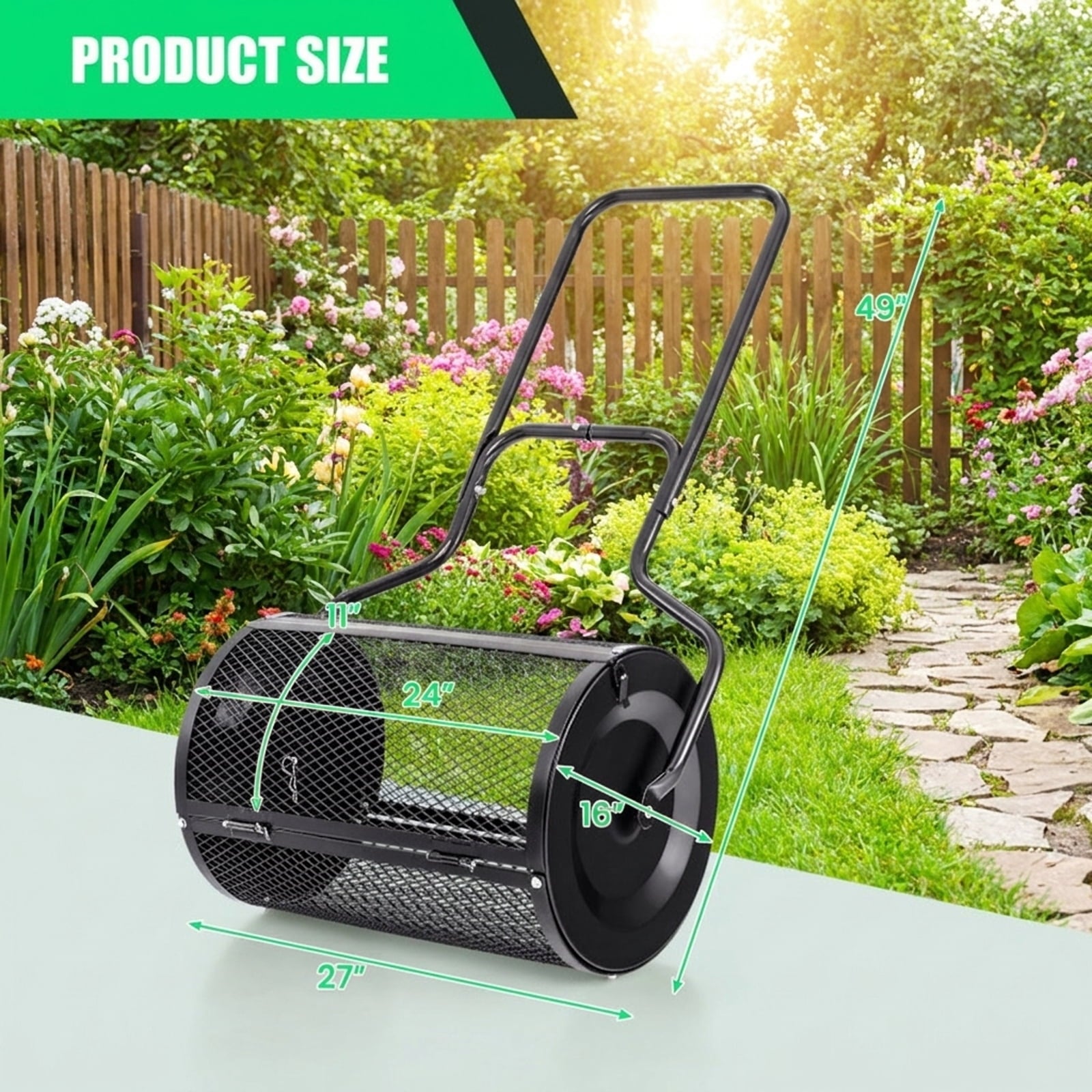 Biotree 24 Peat Moss Spreader with Upgrade Side Latches and U-shape Handle for Lawn Garden Yard Soil Care, Green