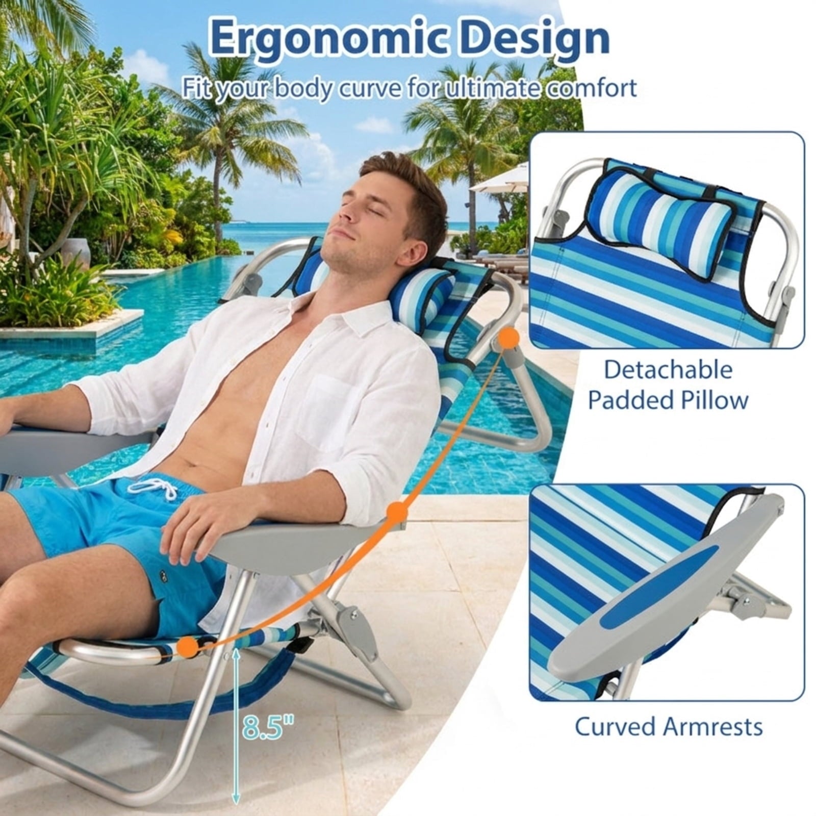 Biotree Set of 2 Folding Beach Chair for Adults with 4-Position Adjustable Backrest Stackable Patio Chair for Garden BackyardBlue