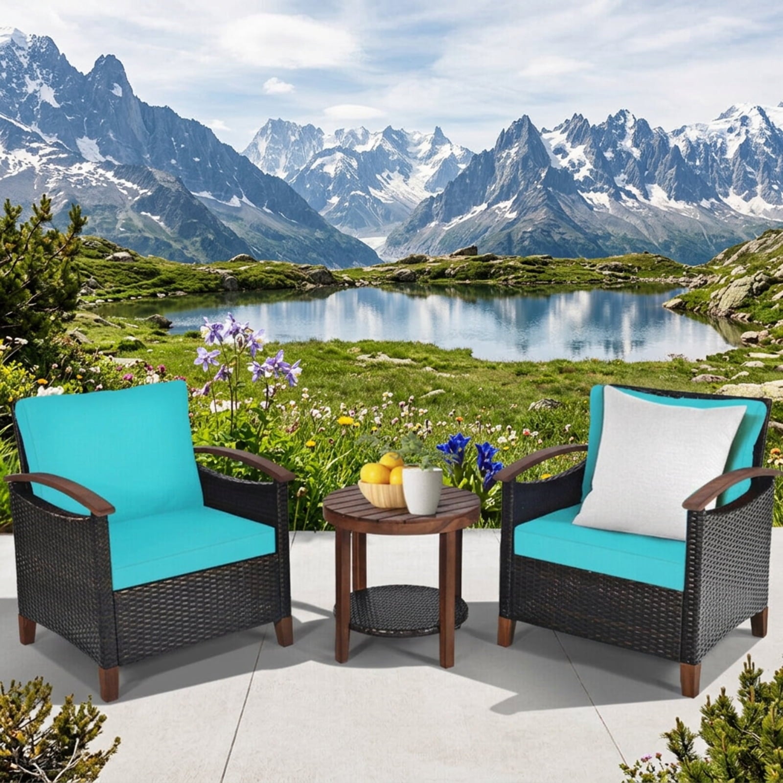 Biotree 3 Pieces Patio Rattan Furniture Set with Washable Cushion and Acacia Wood TabletopTurquoise