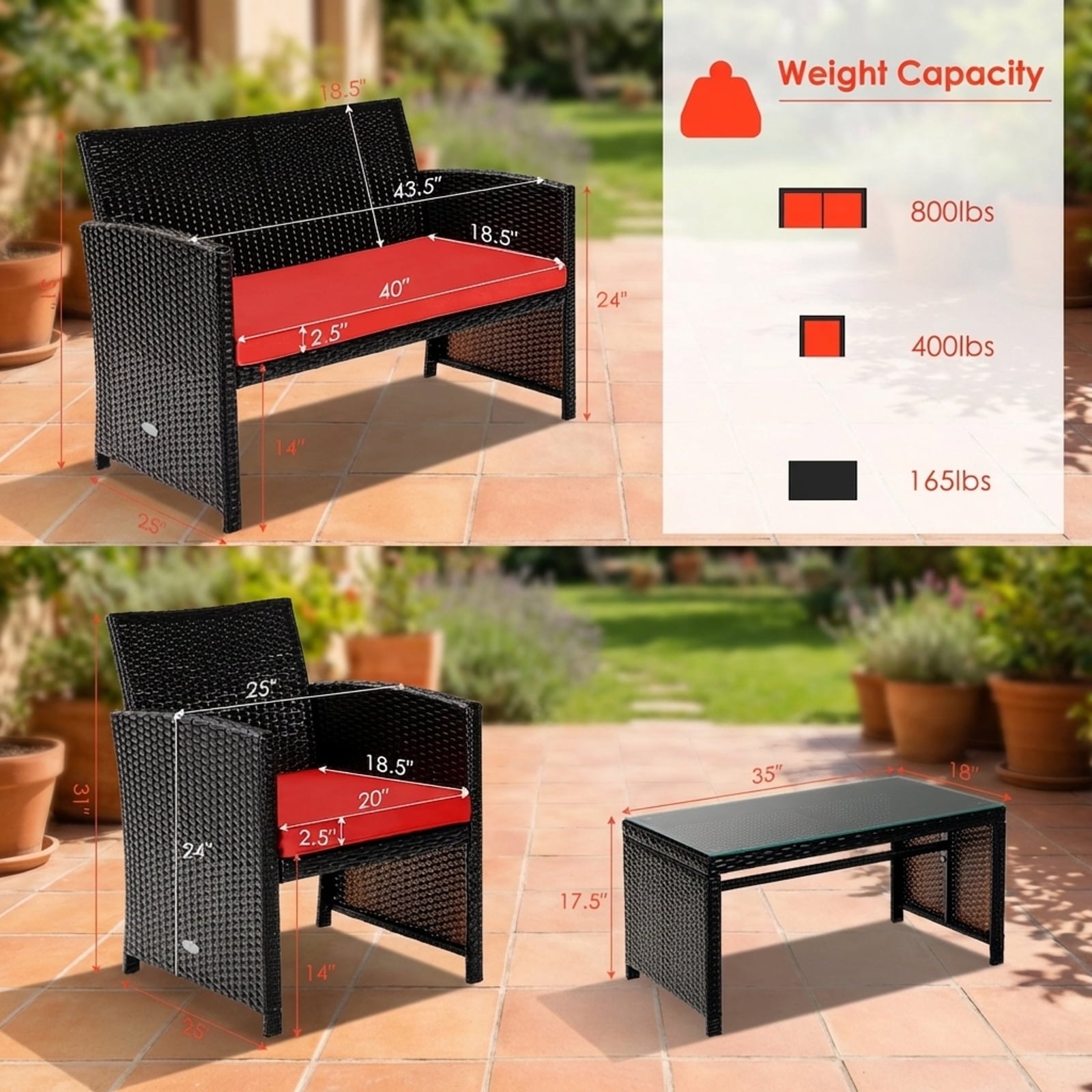 Biotree 4-Piece Patio Rattan Cushioned Furniture Set-Red