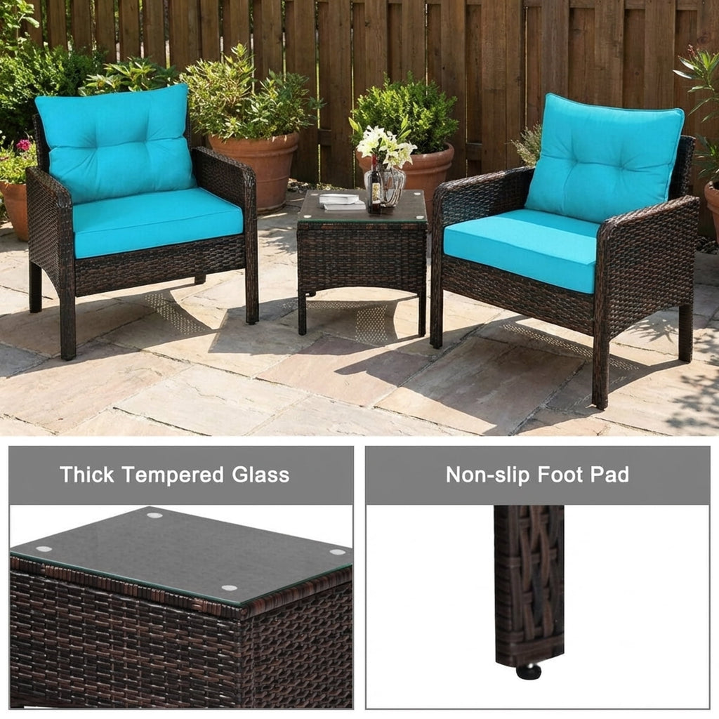 Biotree 3-Piece Patio Rattan Conversation Set-Turquoise