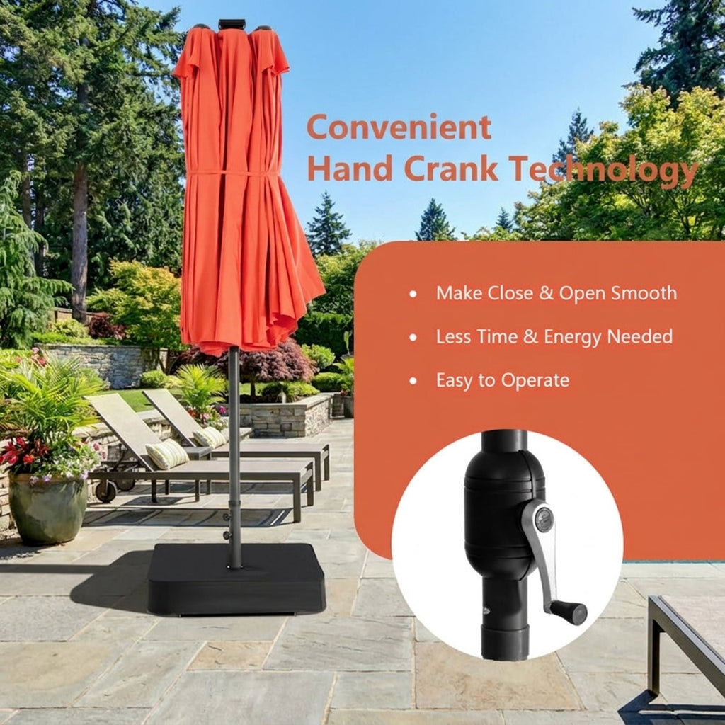 Biotree 15 ft Double-Sided Twin Patio Umbrella 48 LED Lights Outdoor Shade - Orange - UV Protection with Cross Base