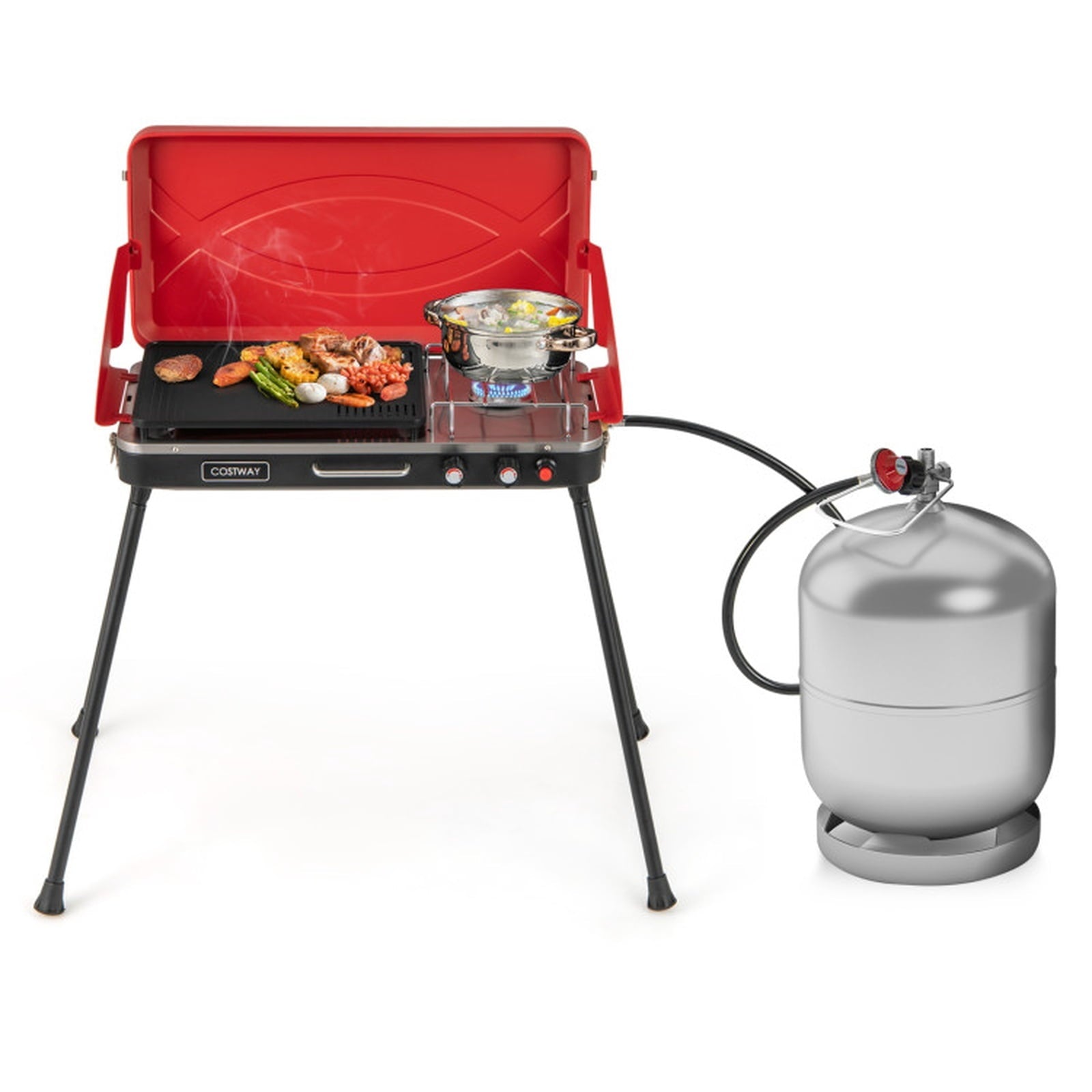 Biotree 2-in-1 Gas Camping Grill and Stove with 4 Detachable Legs for Outdoor Camping Backyard Patio Cooking, Red