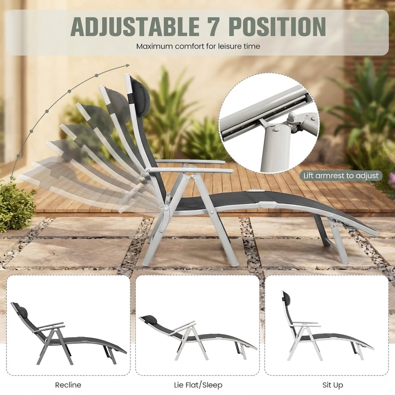 Biotree Adjustable Folding Chaise Lounge Chair with Pillow-Black