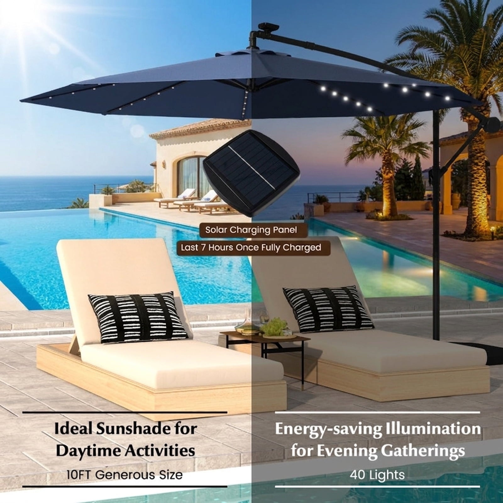 Biotree 10 ft Solar LED Cantilever Patio Umbrella Offset Hanging with Cross Base, 8 Ribs - Navy Blue