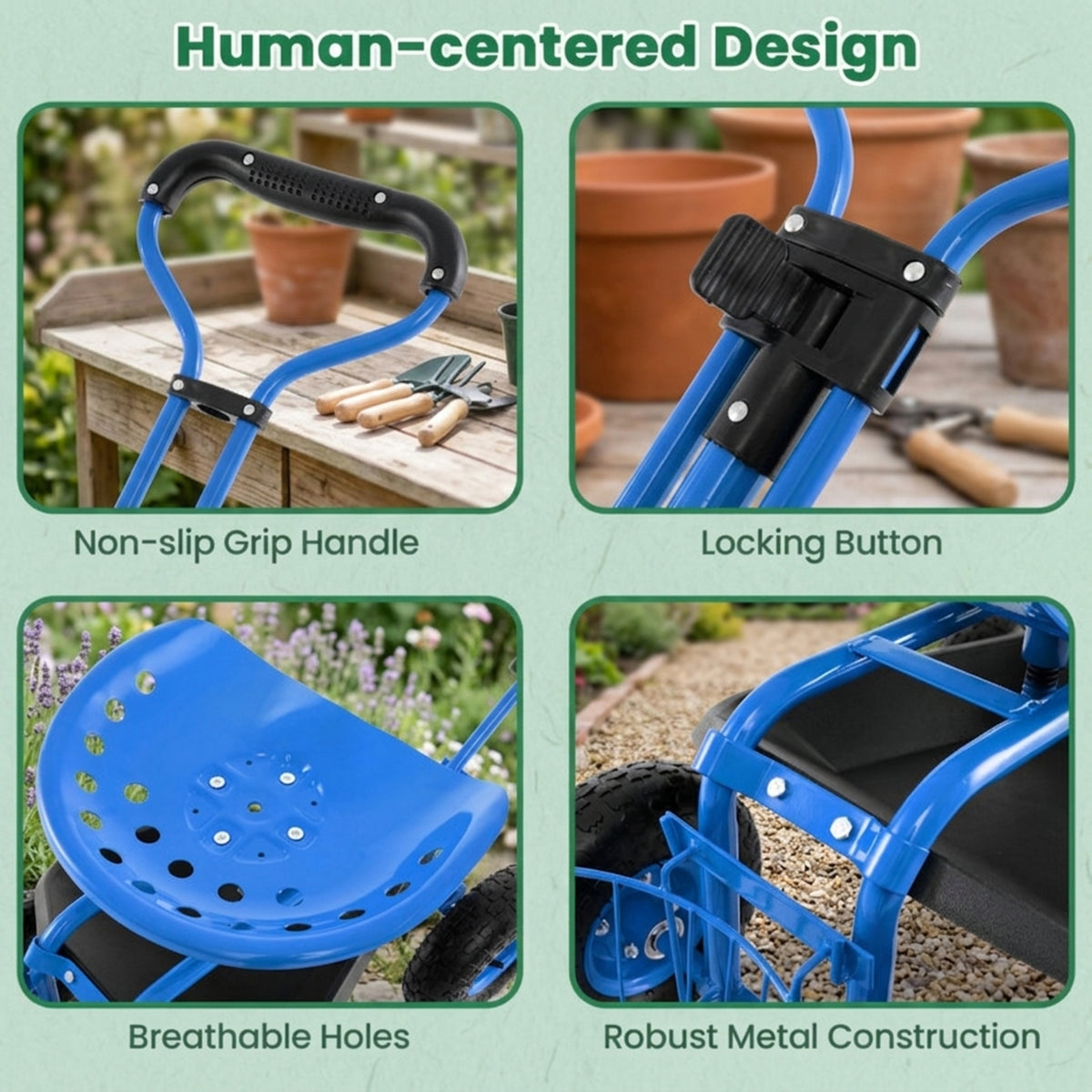 Biotree Rolling Garden Cart with 360¡ã Swivel Seat, Height Adjustable Garden Scooter, Heavy Duty Yard Cart with Tool Tray and Storage Basket for Gardening Weeding Yard Work Blue