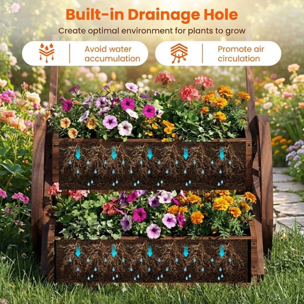 Biotree Rustic Wood Wagon Planter 2-Tier Versatile Raised Garden Bed with Wheels-Brown - Outdoor Backyard Patio Garden Planting