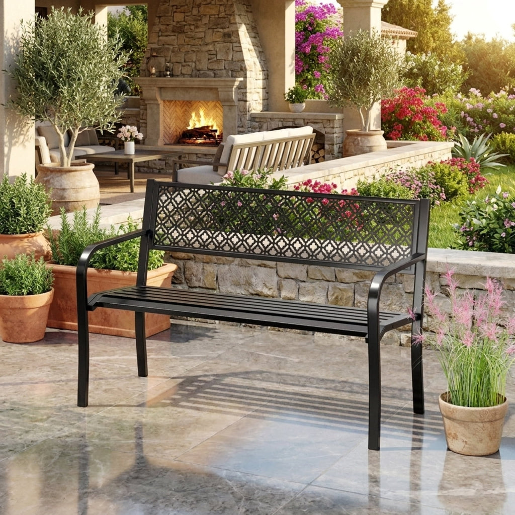 Biotree 50 Inches Outdoor Garden Bench with Geometric Lattice Backrest and Slatted Seat Stackable Patio Chair for Garden BackyardBlack
