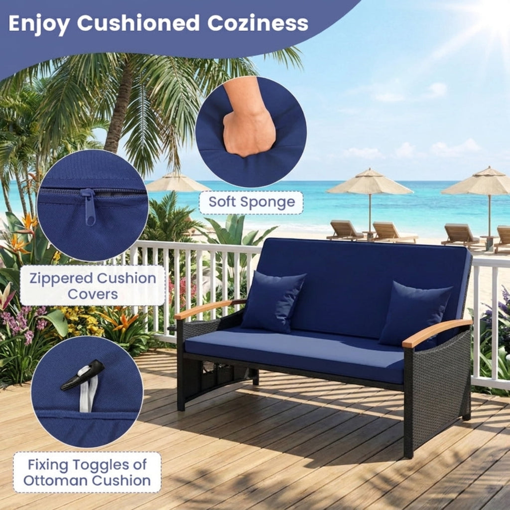 Biotree Outdoor Wicker Daybed with Folding Panels and Storage Ottoman Stackable Patio Chair for Garden BackyardDark Blue