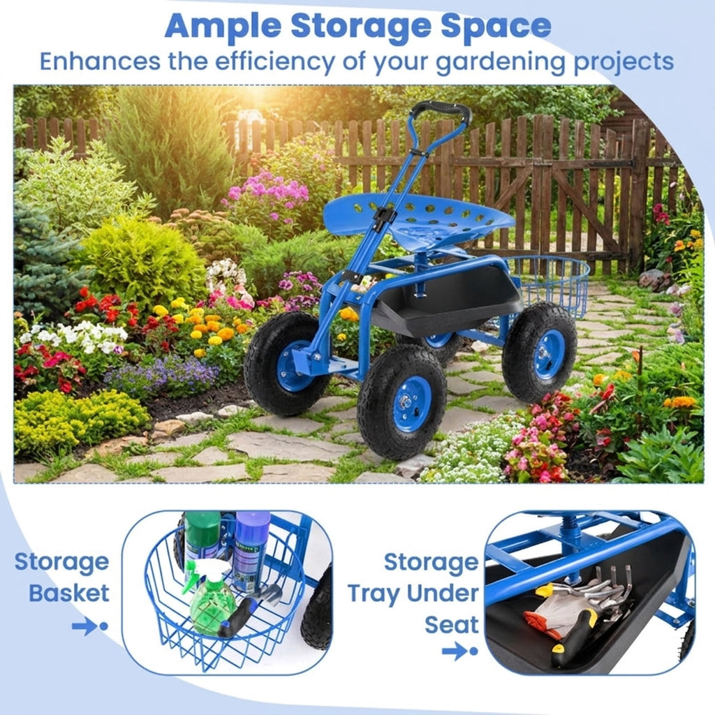 Biotree Heavy Duty Garden Cart with Tool Tray and 360 Swivel Seat for Garden Yard Lawn Work Outdoor, Blue