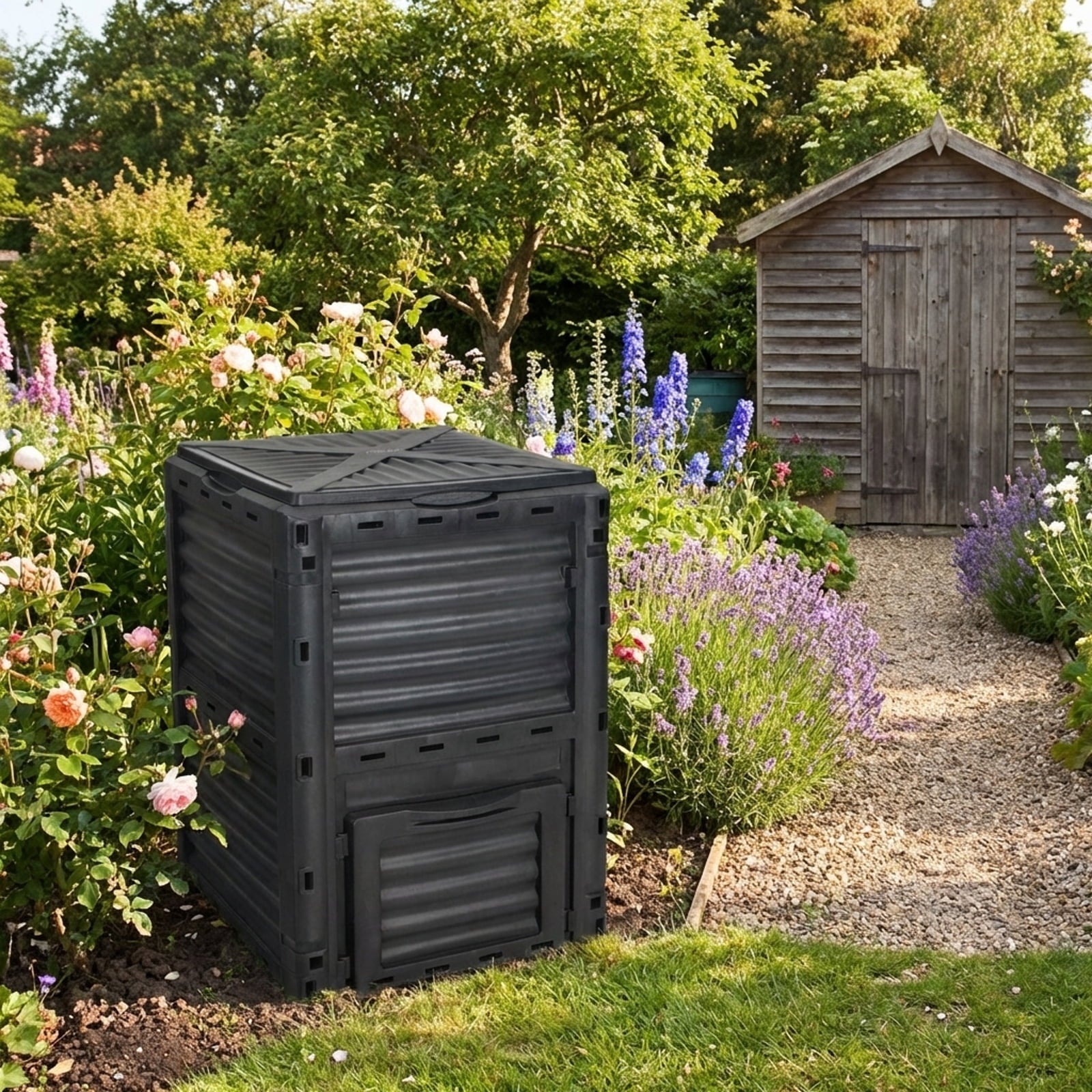 Biotree 80-Gallon Outdoor Composter with Large Openable Lid and Bottom Exit Door-Black Garden Organic
