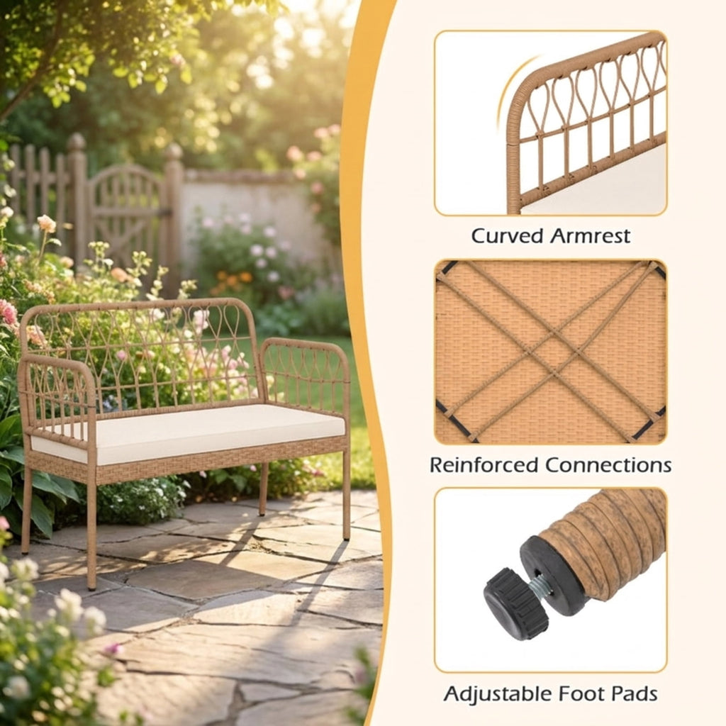 Biotree 2-Seat PE Rattan Outdoor Loveseat with Built-in Coffee Table and Soft Cushions Stackable Patio Chair for Garden BackyardWhite
