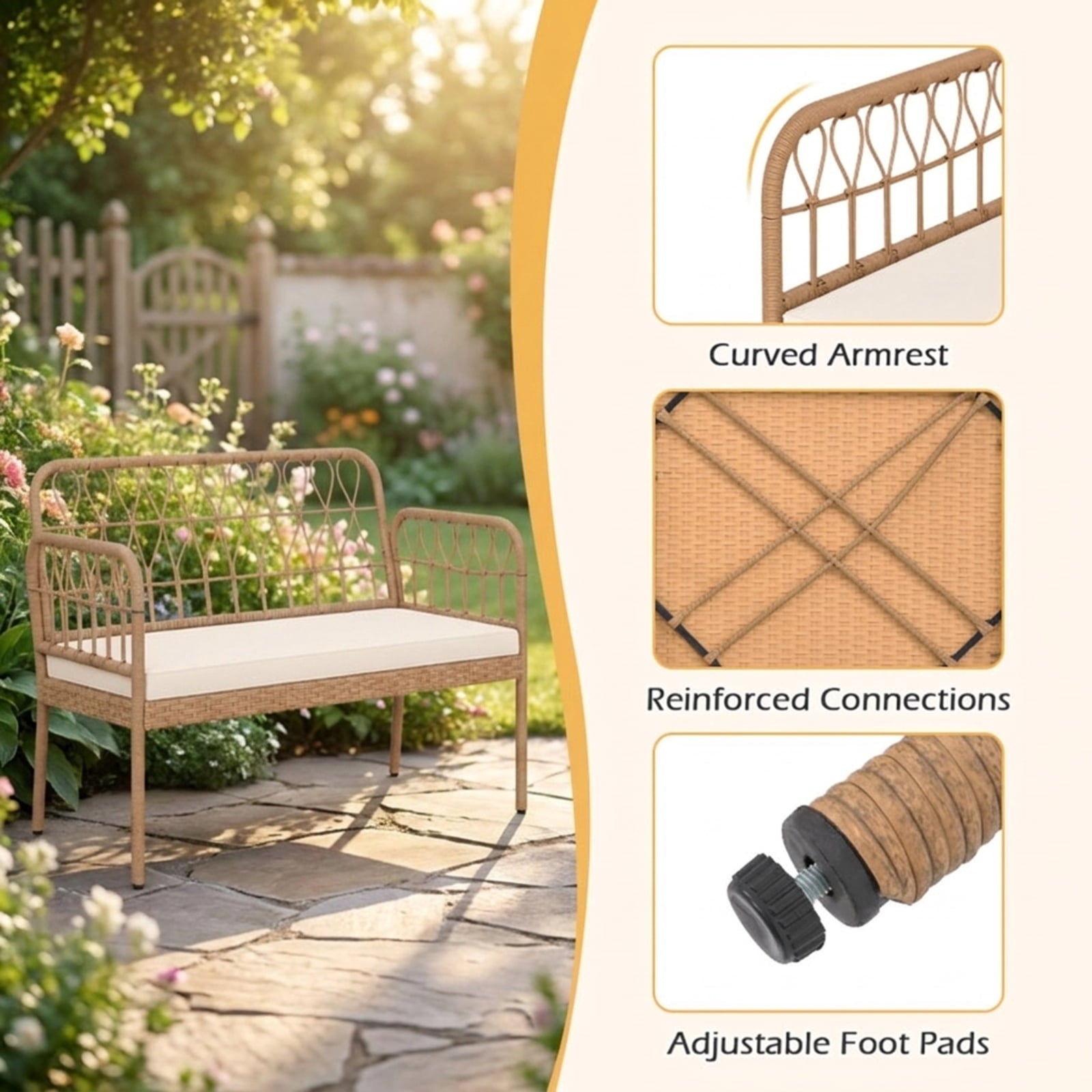 Biotree 2-Seat PE Rattan Outdoor Loveseat with Built-in Coffee Table and Soft Cushions Stackable Patio Chair for Garden BackyardWhite