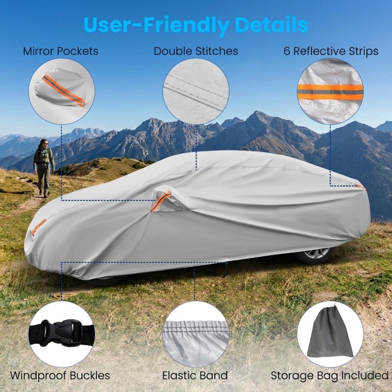 Biotree 185 Inch Car Cover Waterproof UV Protection All-Weather Full Cover Sedan Universal Fit - Silver