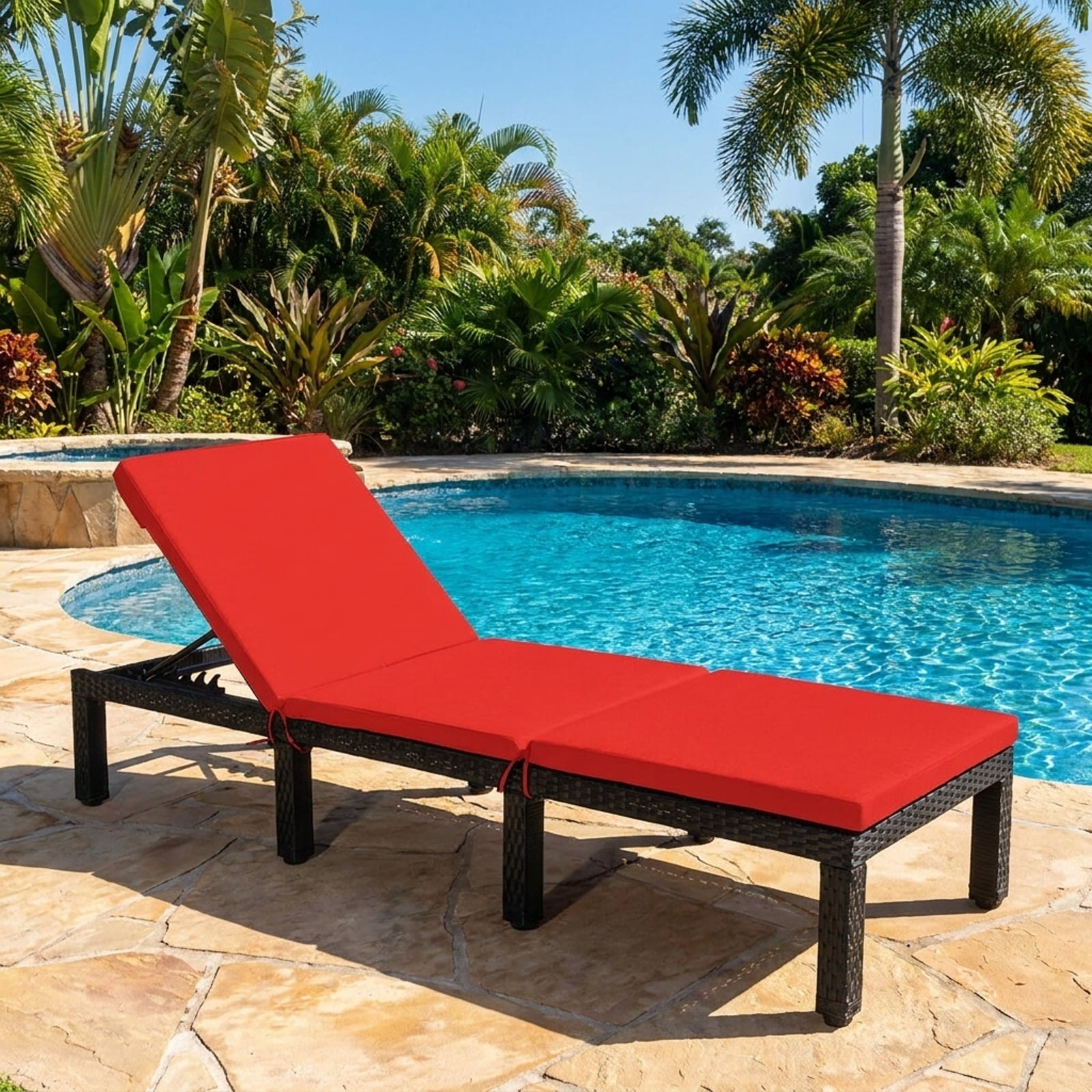 Biotree Patio Rattan Cushioned Height Adjustable Lounge Chair Stackable Patio Chair for Garden BackyardRed Off White