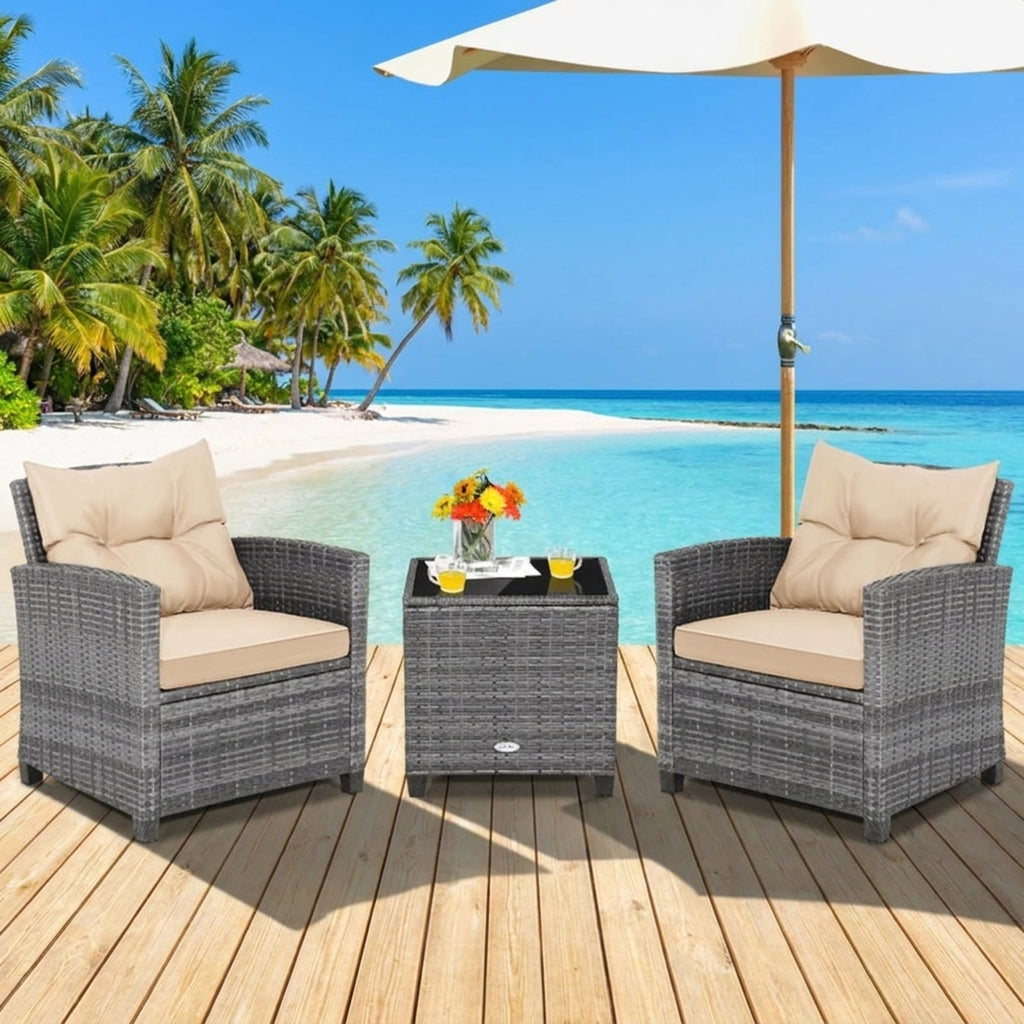 Biotree 3 Pieces Outdoor Wicker Conversation Set with Tempered Glass Tabletop Outdoor Conversation Set for Garden Backyard PorchBeige