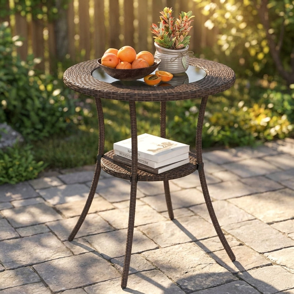 Biotree 25.5-Inch PE Wicker Patio Bistro Table Round with Tempered Glass Top and Shelf, Black
