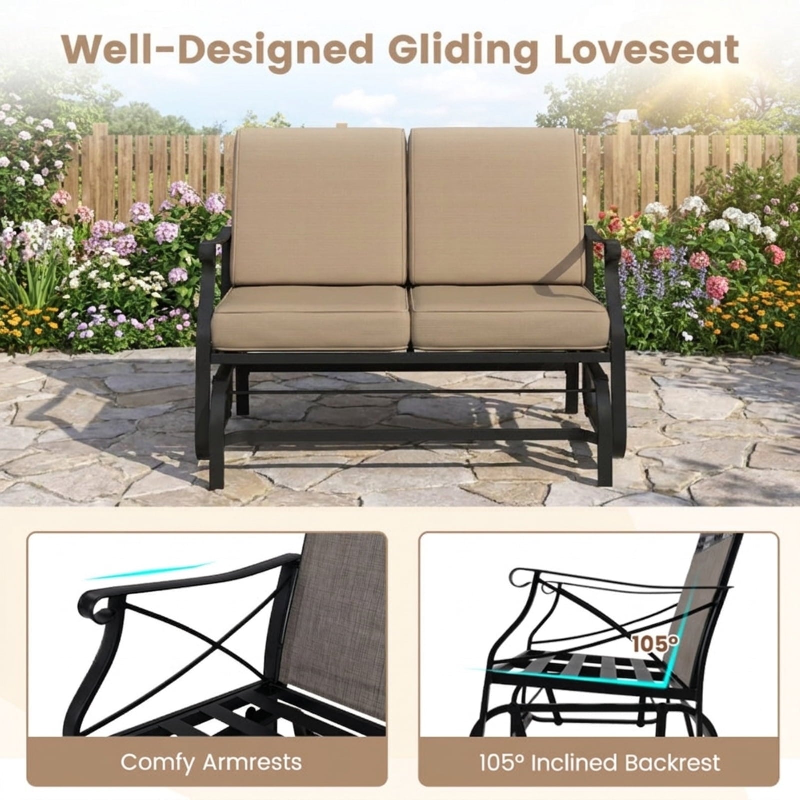Biotree Outdoor 2-Person Glider Rocking Chair Loveseat with Thick Cushions and Metal Frame Stackable Patio Chair for Garden BackyardBrown