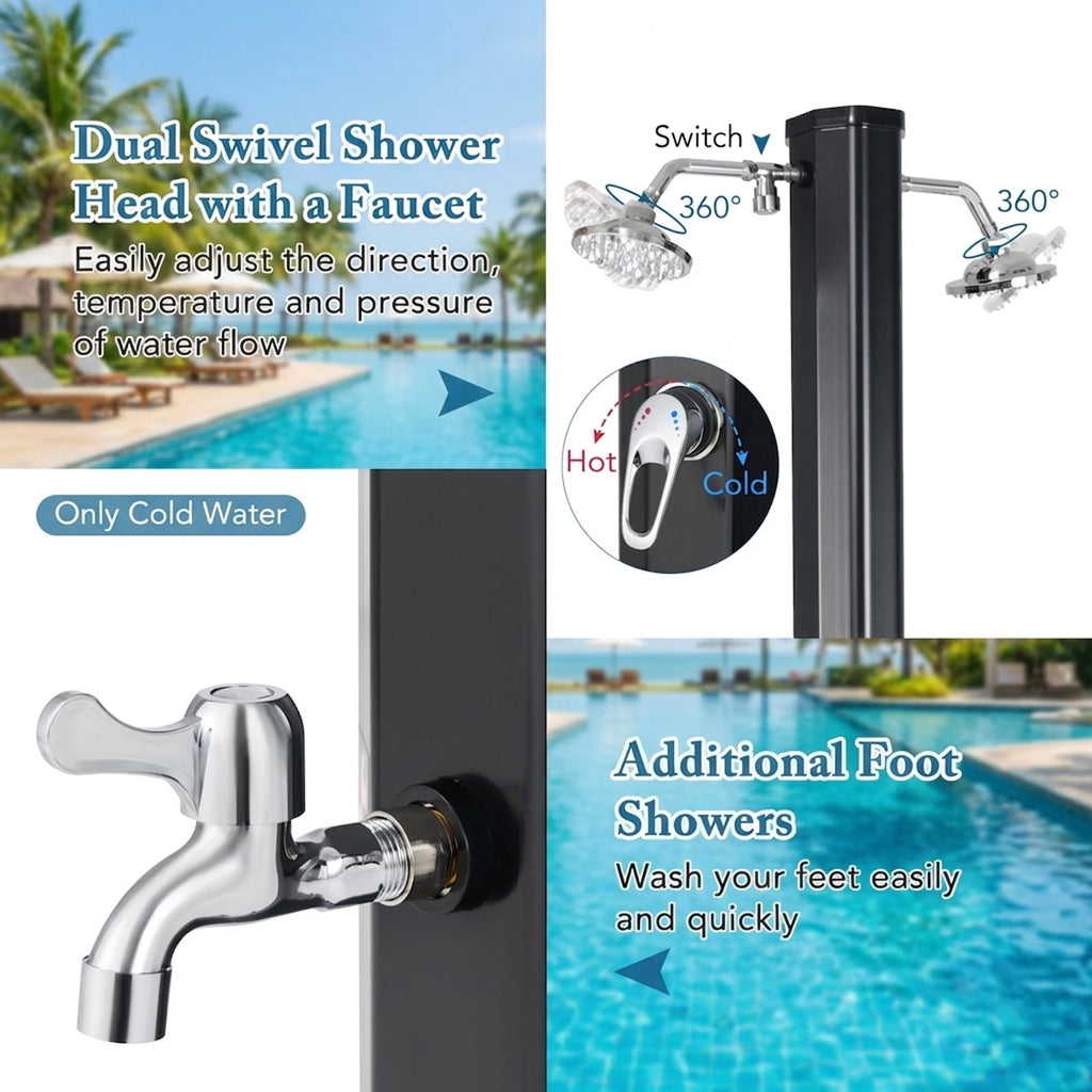 Biotree 9.3 Gallon Solar Heated Outdoor Shower with Dual Shower Heads Portable Camping Shower for Pool Beach Patio, Black