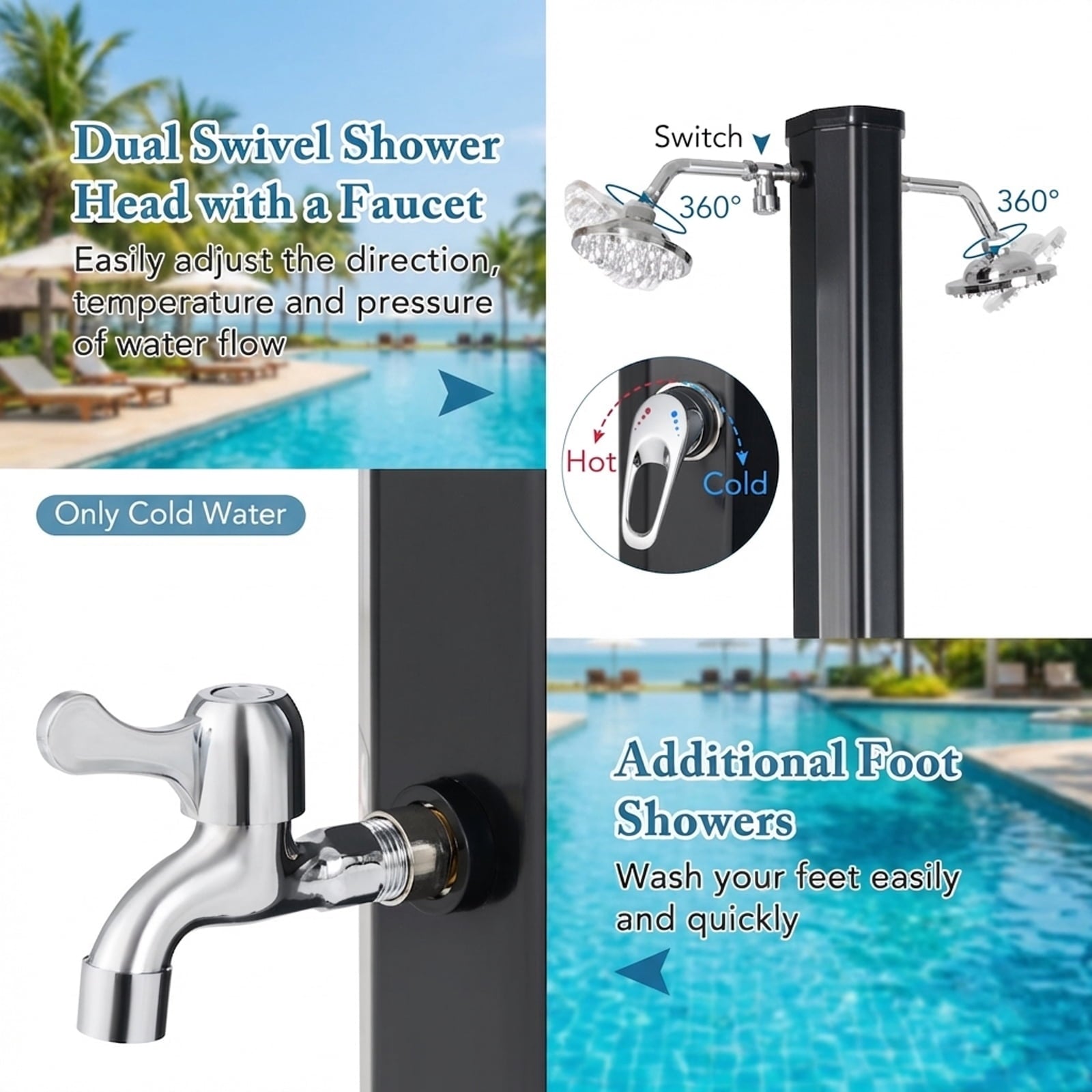 Biotree 9.3 Gallon Solar Heated Outdoor Shower with Dual Shower Heads Portable Camping Shower for Pool Beach Patio, Black