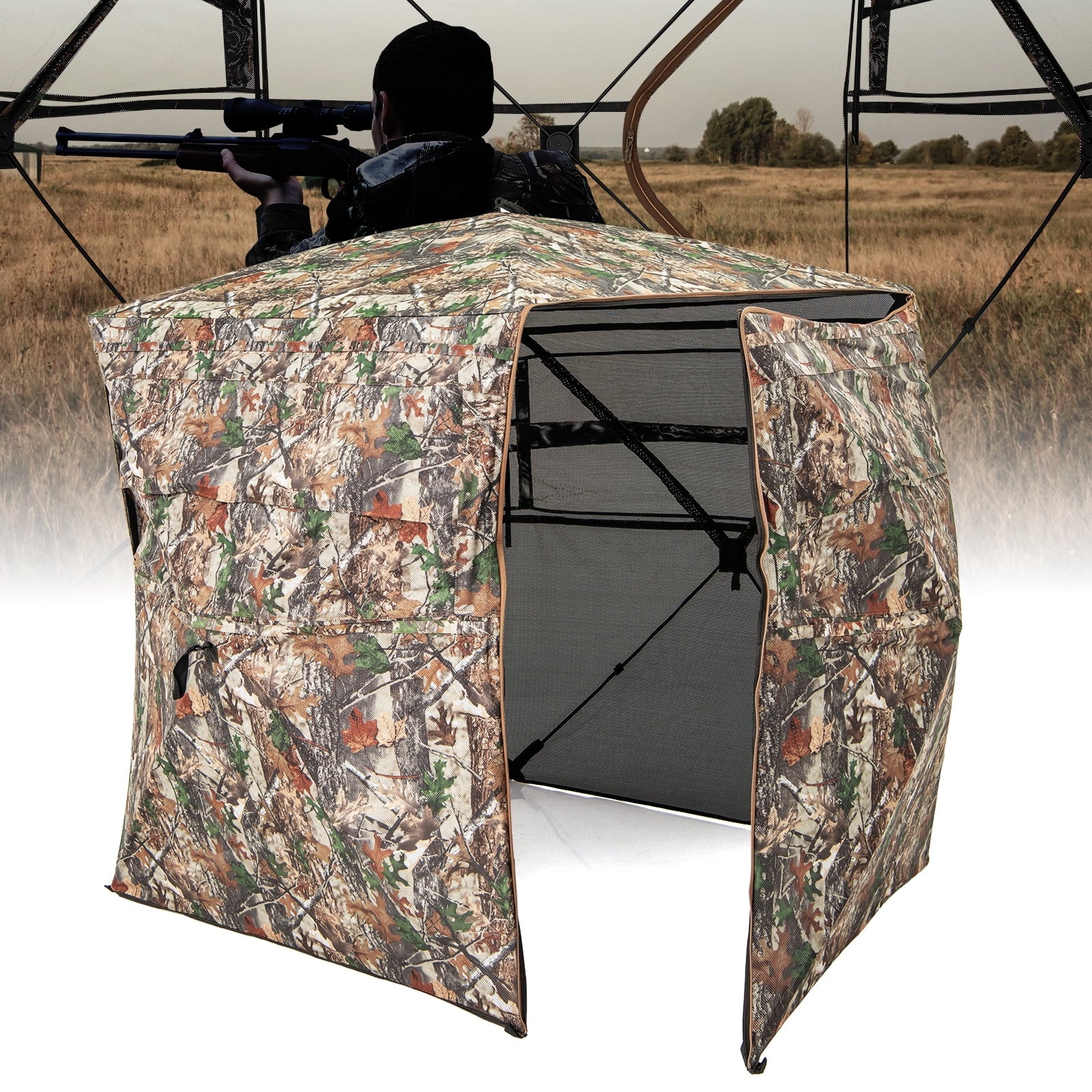 Biotree 360 Degree One Way See Through Hunting Blind Ground Blind with Portable Carrying Bag Pop Up Deer Turkey Blind, Camouflage