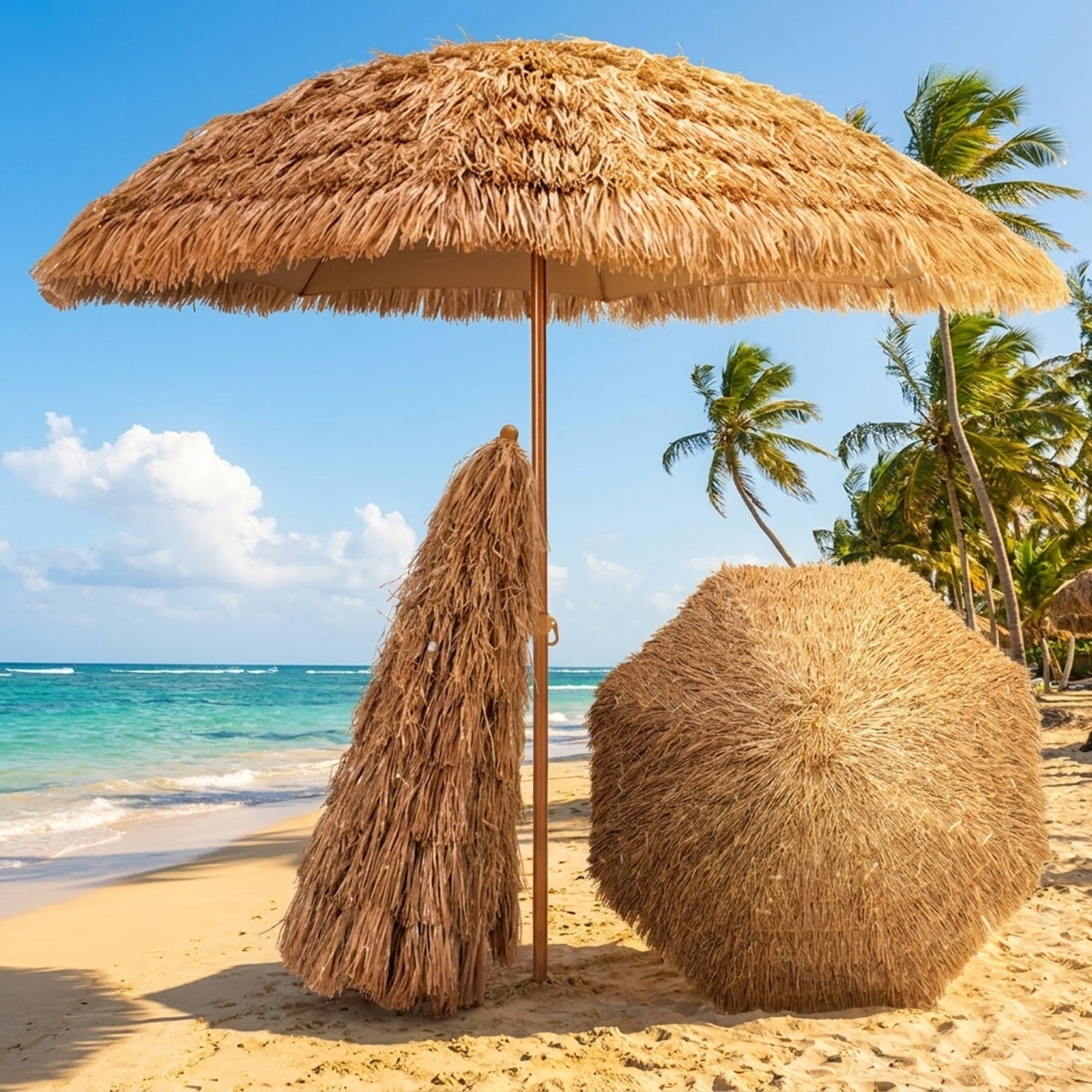 Biotree 8 ft Thatched Tiki Patio Umbrella Crank Tilt Outdoor Shade - Natural - UV Protection with Cross Base