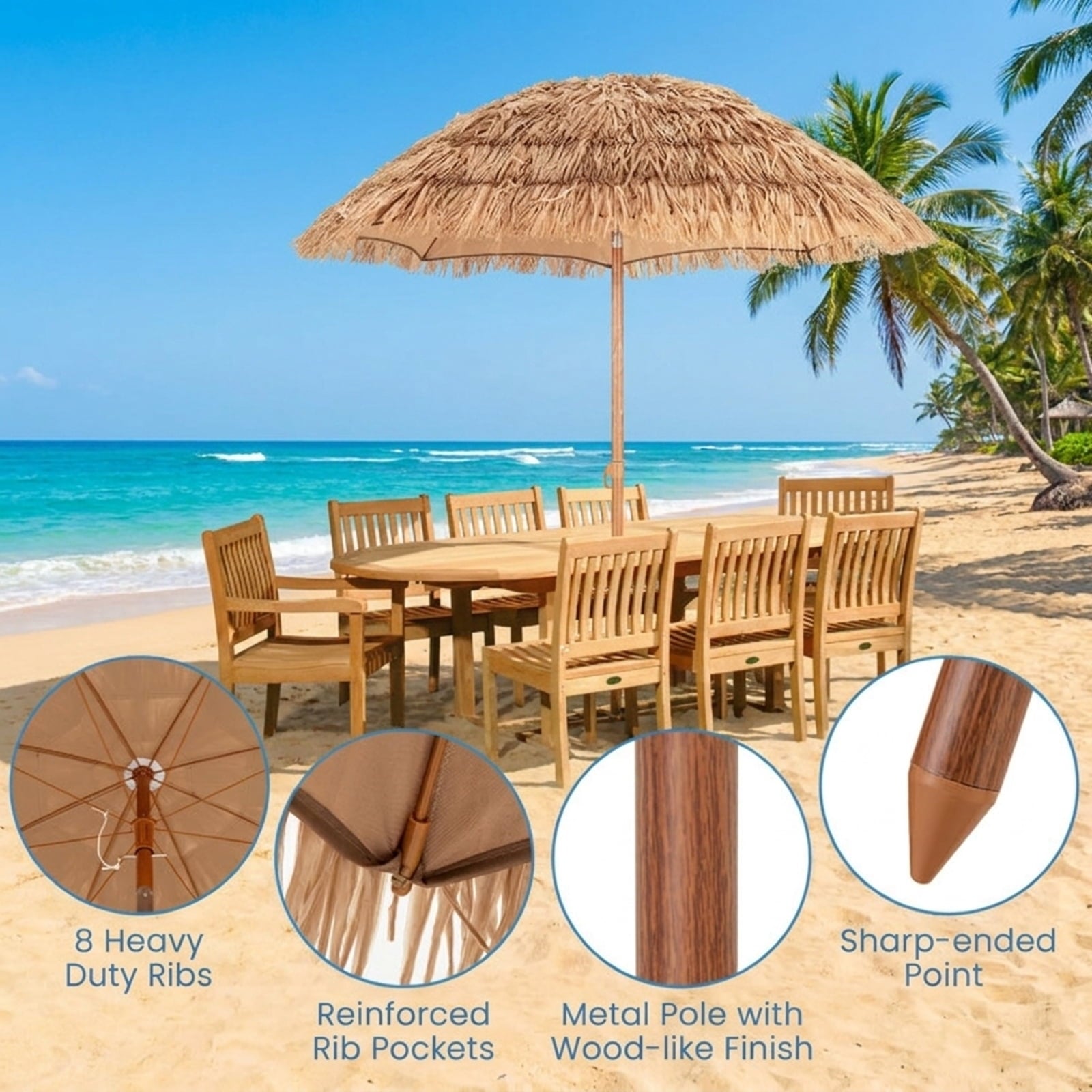 Biotree 6 ft Thatched Tiki Patio Umbrella Crank Tilt Outdoor Shade - Natural - UV Protection with Cross Base