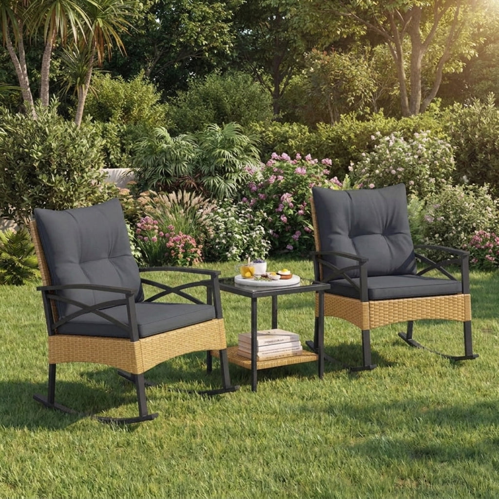 Biotree 3 Pieces Outdoor Rattan Rocking Chairs Set with 2-Tier Side Table for Garden Backyard Outdoor Conversation Set for Garden Backyard PorchGray