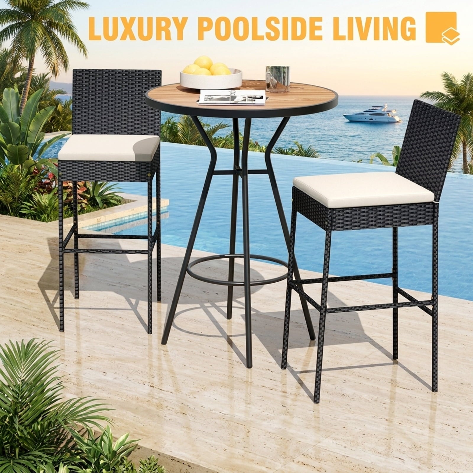Biotree Patio Wicker Barstools with Footrest and Backrest Set of 4 for Patio Porch Garden Backyard Outdoor, Black