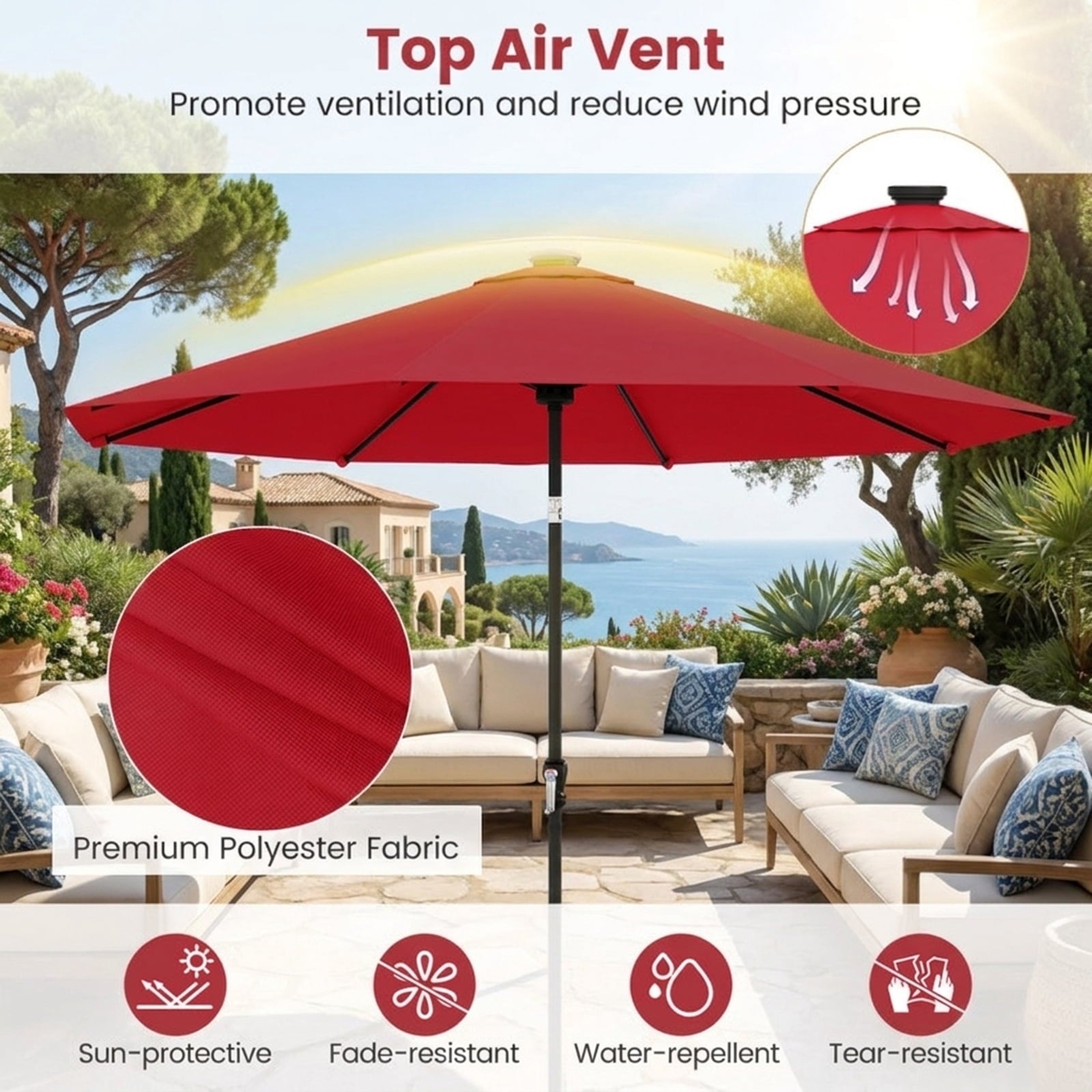 Biotree 10 ft Market Patio Umbrella with Crank and Tilt, 8 Sturdy Ribs, Vented Canopy - Red for Backyard