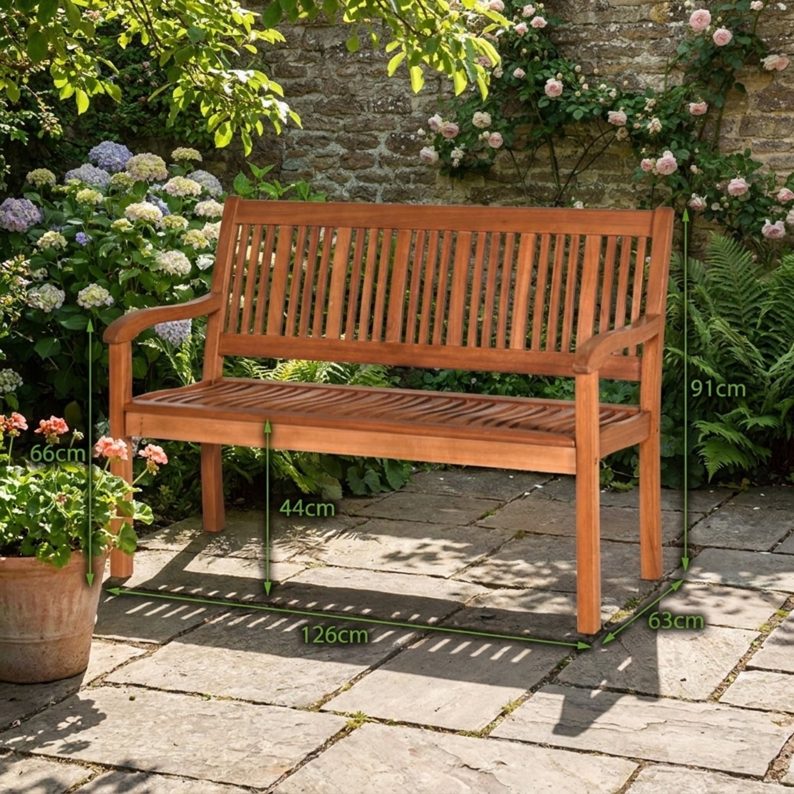 Biotree Two Person Solid Wood Garden Bench with Curved Backrest and Wide Armrest Stackable Patio Chair for Garden Backyard