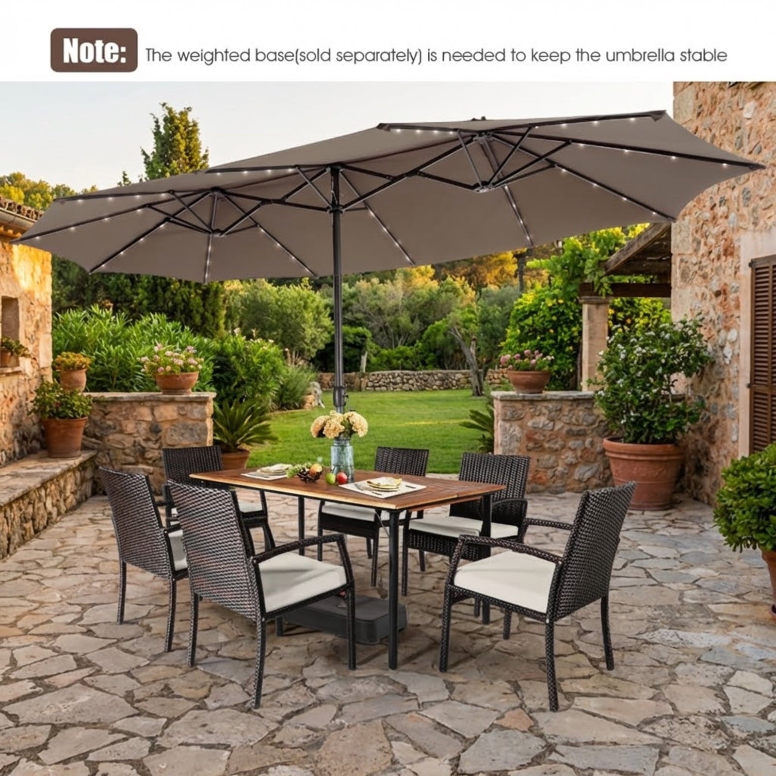Biotree 15 Feet Twin Patio Umbrella with 48 Solar LED Lights-Light Brown Beige/Light Brown/Orange/Dark Red/Gray/Turquoise