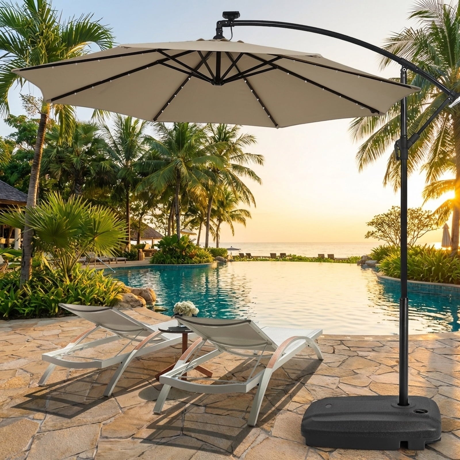 Biotree Fillable Universal Offset Umbrella Base with Cross Base and Wheels-Black Hanging Deck Garden