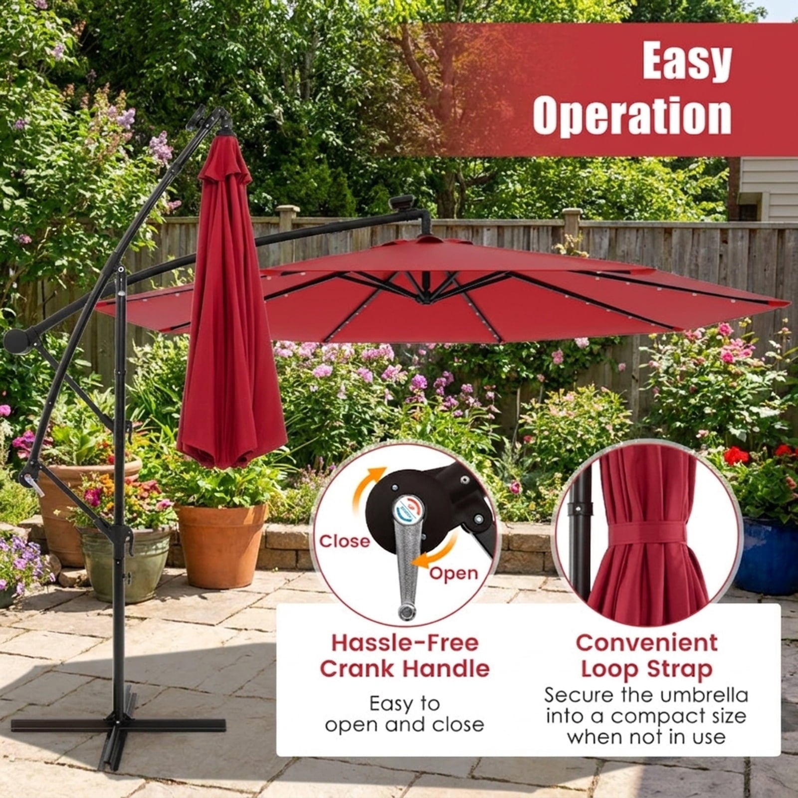 Biotree 9 ft Solar LED Market Patio Umbrella with Tilt and Crank Lift 6 Ribs 18 Lights Iron Pole for Outdoor Table Use - Beige