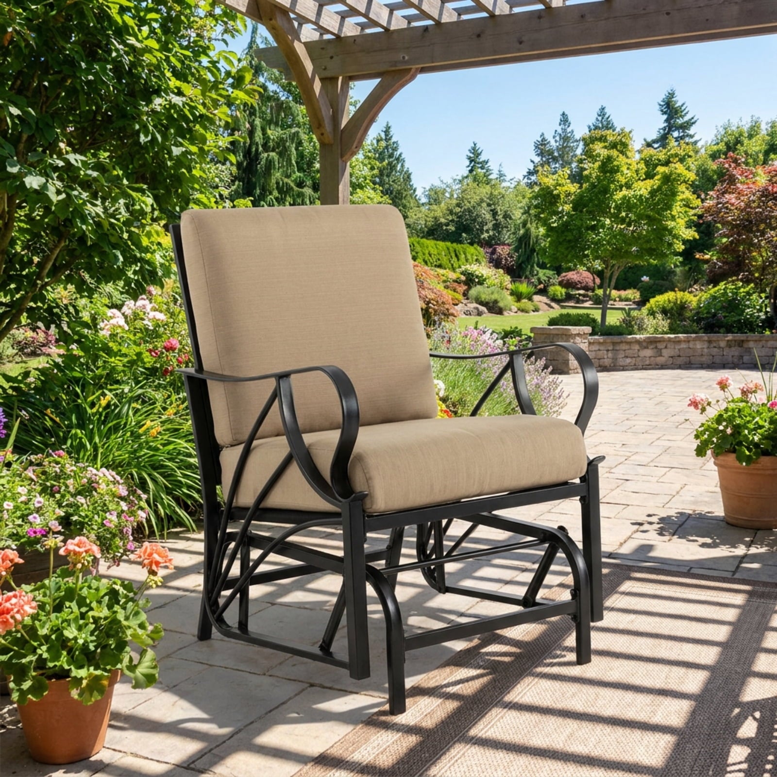 Biotree Patio Glider Rocking Chair with Thick Cushion and Curved Armrest Stackable Patio Chair for Garden BackyardTan