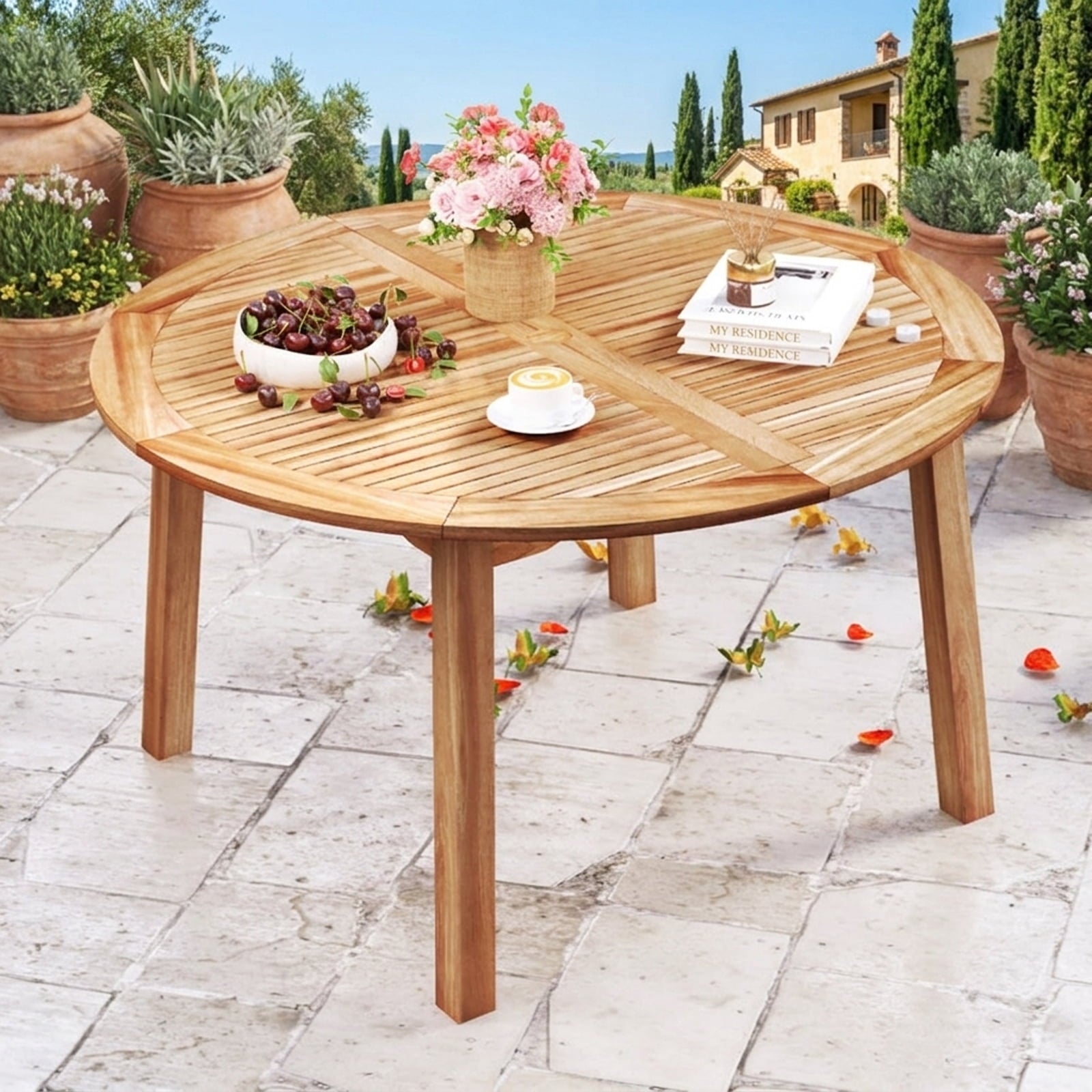 Biotree 53 Inch Outdoor Acacia Wood Dining Table for 4-6 People with 2" Umbrella Hole, Natural